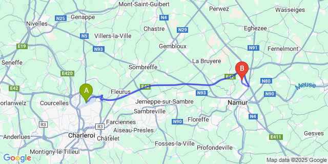 Map: Charleroi Airport Brussels South (CRL) to Vedrin