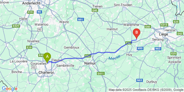 Map: Charleroi Airport Brussels South (CRL) to Velaine