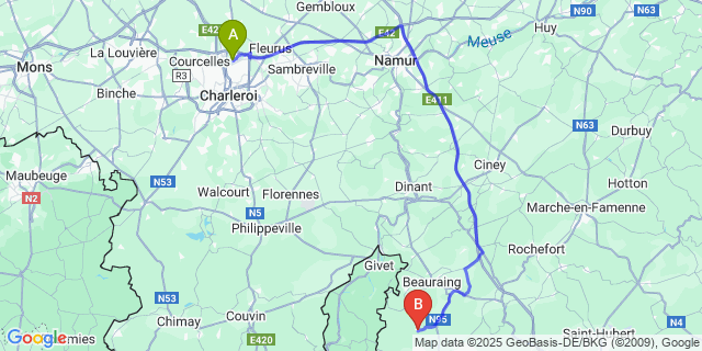 Map: Charleroi Airport Brussels South (CRL) to Vencimont