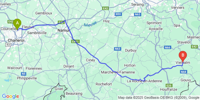 Map: Charleroi Airport Brussels South (CRL) to Vielsalm