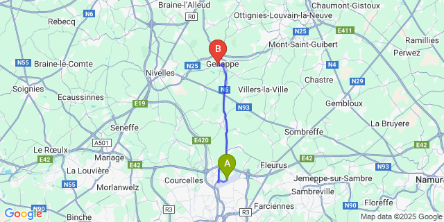 Map: Charleroi Airport Brussels South (CRL) to Vieux-Genappe