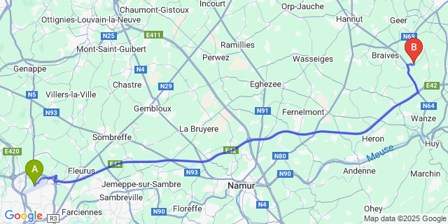 Map: Charleroi Airport Brussels South (CRL) to Vieux-Waleffe