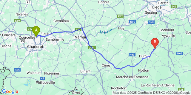 Map: Charleroi Airport Brussels South (CRL) to Vieuxville