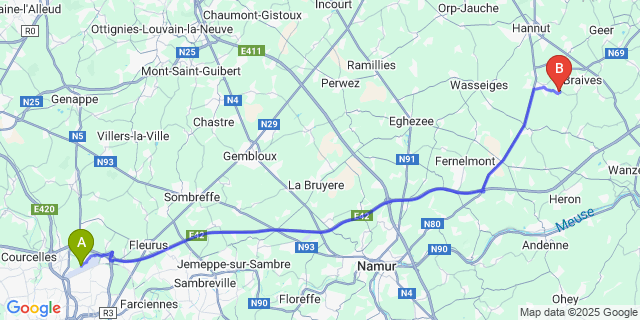 Map: Charleroi Airport Brussels South (CRL) to Ville-En-Hesbaye
