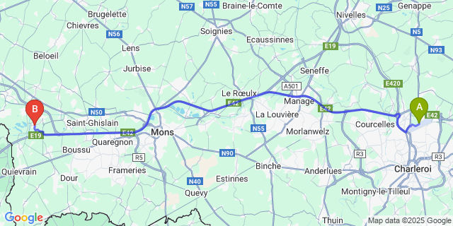 Map: Charleroi Airport Brussels South (CRL) to Ville-Pommereul