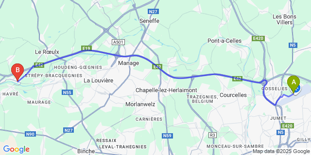 Map: Charleroi Airport Brussels South (CRL) to Ville-Sur-Haine