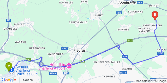 Map: Charleroi Airport Brussels South (CRL) to Villeret