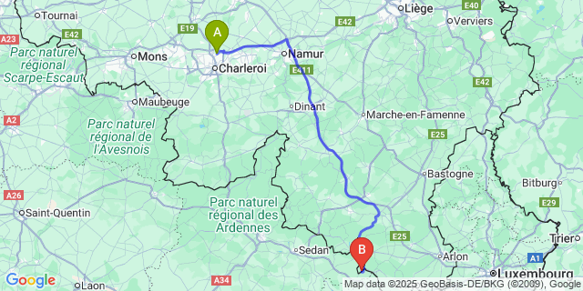 Map: Charleroi Airport Brussels South (CRL) to Villers-Devant-Orval