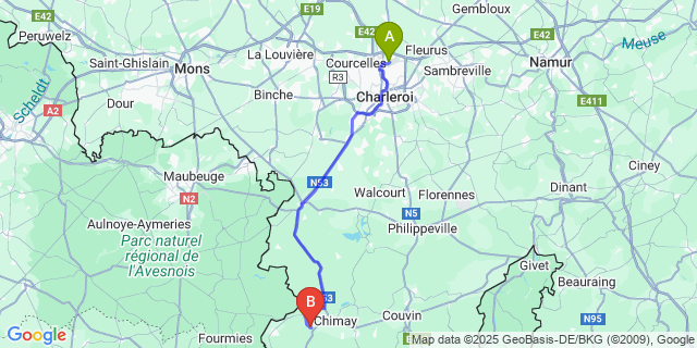 Map: Charleroi Airport Brussels South (CRL) to Villers-La-Tour