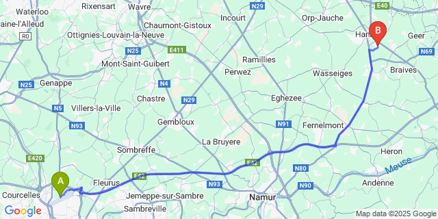 Map: Charleroi Airport Brussels South (CRL) to Villers-Le-Peuplier