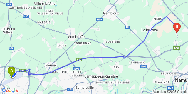 Map: Charleroi Airport Brussels South (CRL) to Villers-Lez-Heest