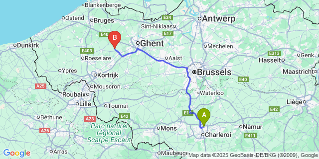 Map: Charleroi Airport Brussels South (CRL) to Vinkt