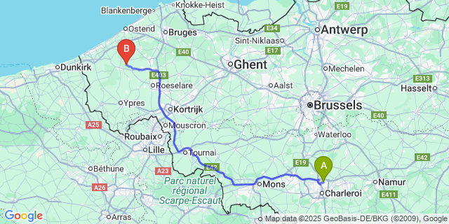 Map: Charleroi Airport Brussels South (CRL) to Vladslo