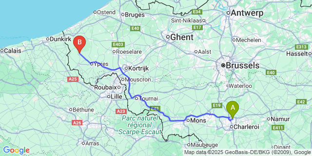 Map: Charleroi Airport Brussels South (CRL) to Vleteren