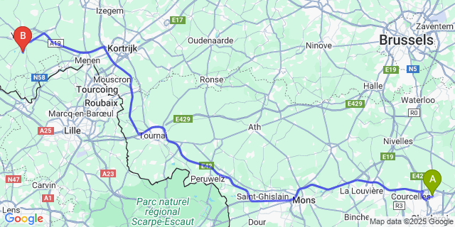 Map: Charleroi Airport Brussels South (CRL) to Voormezele