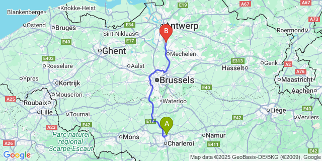 Map: Charleroi Airport Brussels South (CRL) to Waarloos