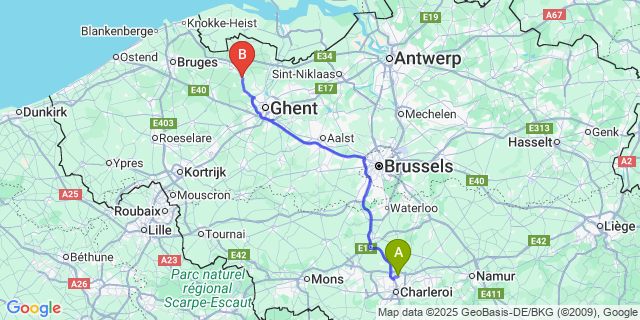 Map: Charleroi Airport Brussels South (CRL) to Waarschoot