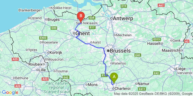 Map: Charleroi Airport Brussels South (CRL) to Wachtebeke