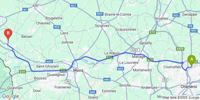 Map: Charleroi Airport Brussels South (CRL) to Wadelincourt
