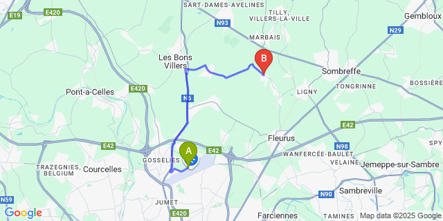 Map: Charleroi Airport Brussels South (CRL) to Wagnelée