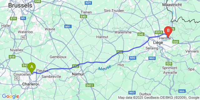 Map: Charleroi Airport Brussels South (CRL) to Wandre