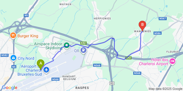 Map: Charleroi Airport Brussels South (CRL) to Wangenies