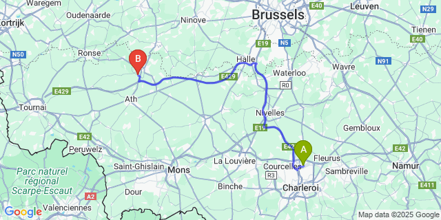 Map: Charleroi Airport Brussels South (CRL) to Wannebecq