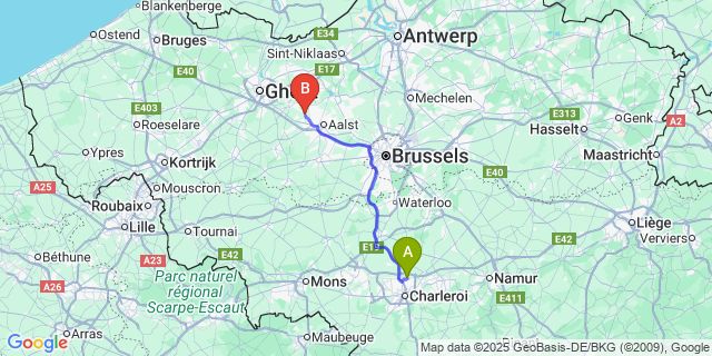 Map: Charleroi Airport Brussels South (CRL) to Wanzele