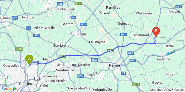 Map: Charleroi Airport Brussels South (CRL) to Waret-LÉv?que