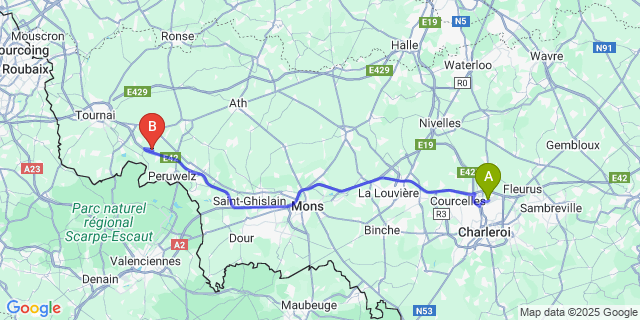 Map: Charleroi Airport Brussels South (CRL) to Wasmes-Audemez-Briffoeil