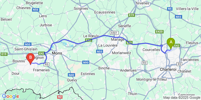 Map: Charleroi Airport Brussels South (CRL) to Wasmes