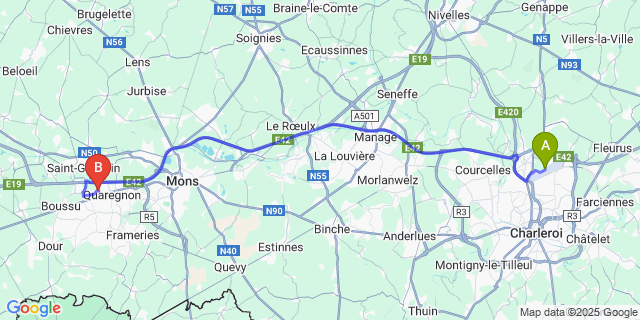 Map: Charleroi Airport Brussels South (CRL) to Wasmuel