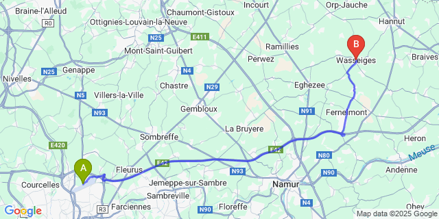 Map: Charleroi Airport Brussels South (CRL) to Wasseiges