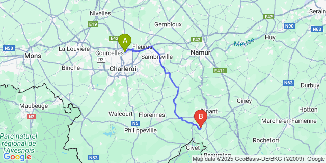 Map: Charleroi Airport Brussels South (CRL) to Waulsort