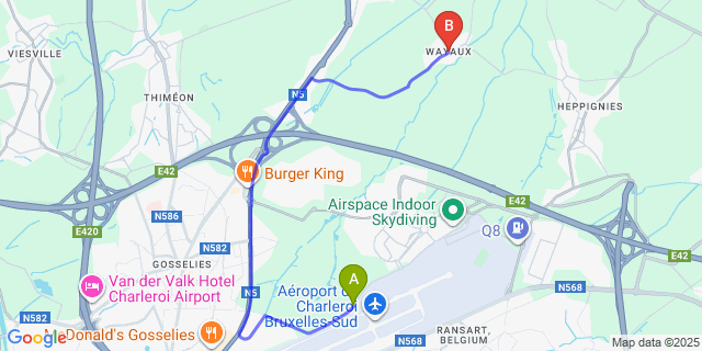 Map: Charleroi Airport Brussels South (CRL) to Wayaux