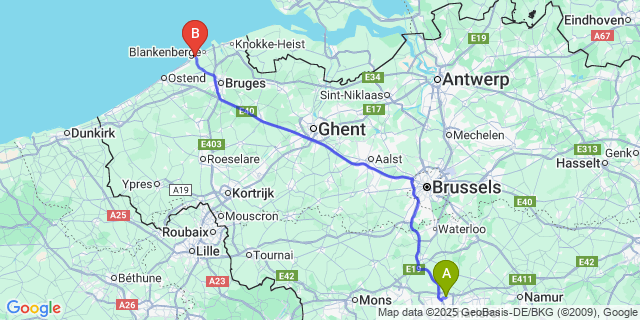 Map: Charleroi Airport Brussels South (CRL) to Wenduine
