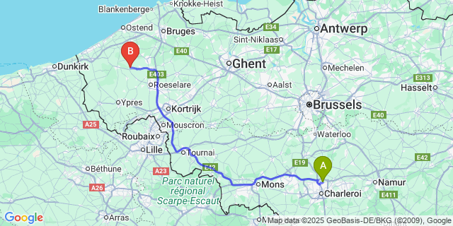 Map: Charleroi Airport Brussels South (CRL) to Werken