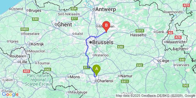 Map: Charleroi Airport Brussels South (CRL) to Wespelaar
