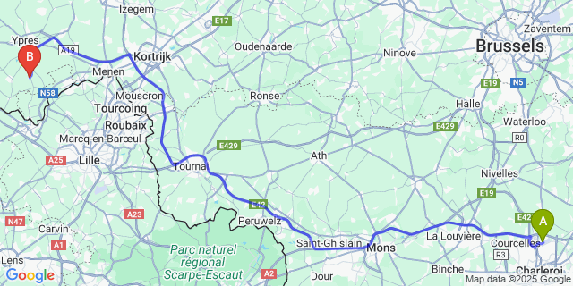 Map: Charleroi Airport Brussels South (CRL) to Wijtschate