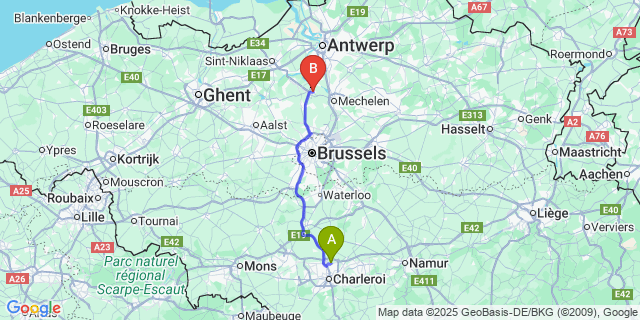 Map: Charleroi Airport Brussels South (CRL) to Willebroek