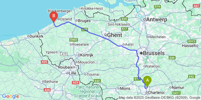 Map: Charleroi Airport Brussels South (CRL) to Wilskerke