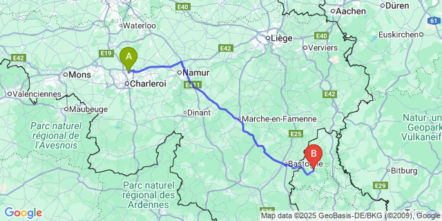 Map: Charleroi Airport Brussels South (CRL) to Wiltz