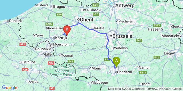 Map: Charleroi Airport Brussels South (CRL) to Wortegem