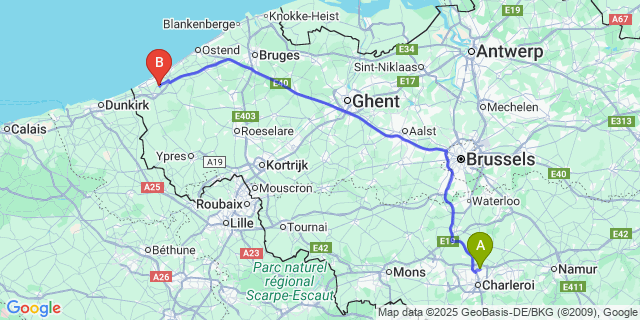 Map: Charleroi Airport Brussels South (CRL) to Wulpen