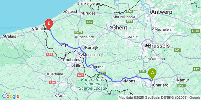 Map: Charleroi Airport Brussels South (CRL) to Wulveringem