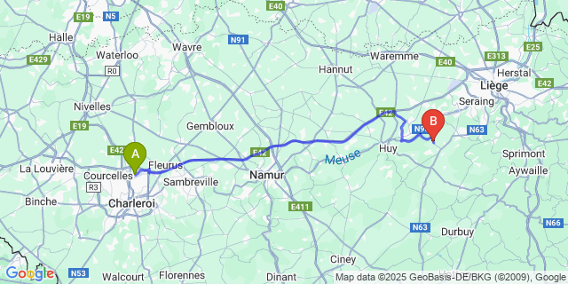 Map: Charleroi Airport Brussels South (CRL) to Yernée-Fraineux