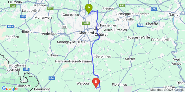 Map: Charleroi Airport Brussels South (CRL) to Yves-Gomezée