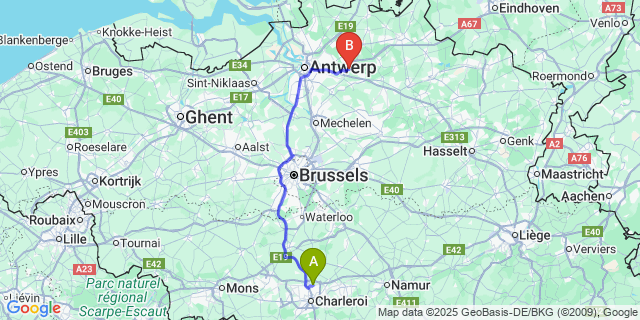 Map: Charleroi Airport Brussels South (CRL) to Zandhoven