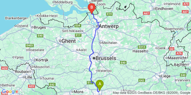 Map: Charleroi Airport Brussels South (CRL) to Zandvliet
