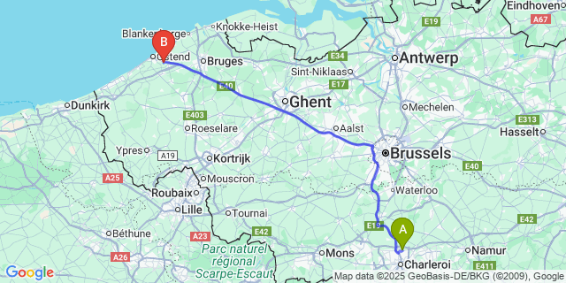 Map: Charleroi Airport Brussels South (CRL) to Zandvoorde (Oostende)